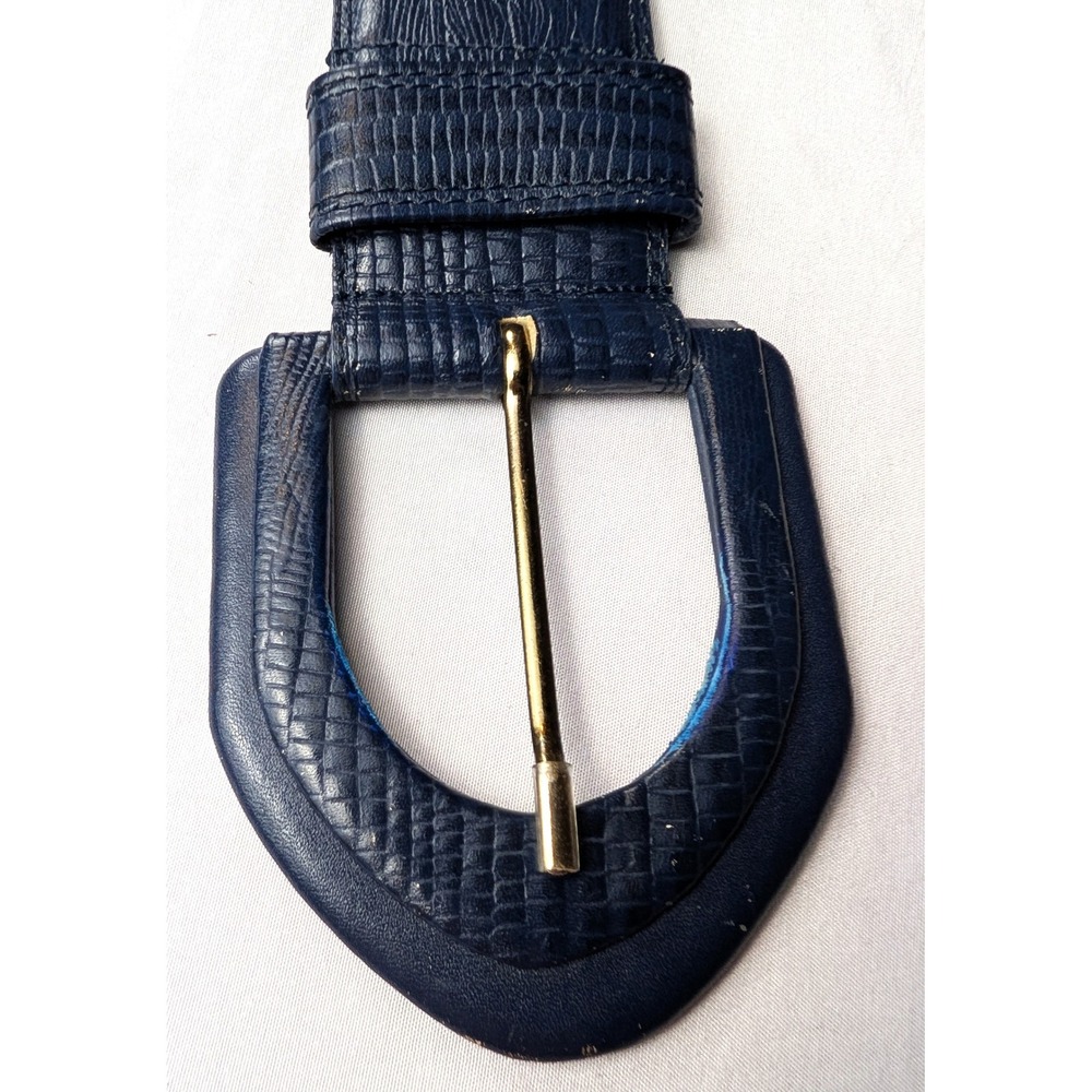 Liz Claiborne Vintage Navy Blue Reptile Embossed Leather Belt Gold Buckle Medium